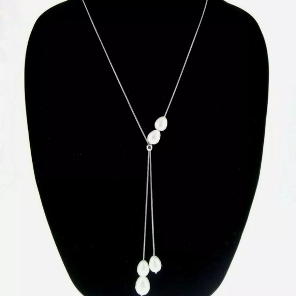 Chico's Faux-Pearl Bolo Pendant Necklace Silvertone 14"-36" - Picture 3 of 5